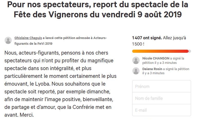 Report du spectacle de la FeVi de vendredi: les signatures pleuvent, en vain
